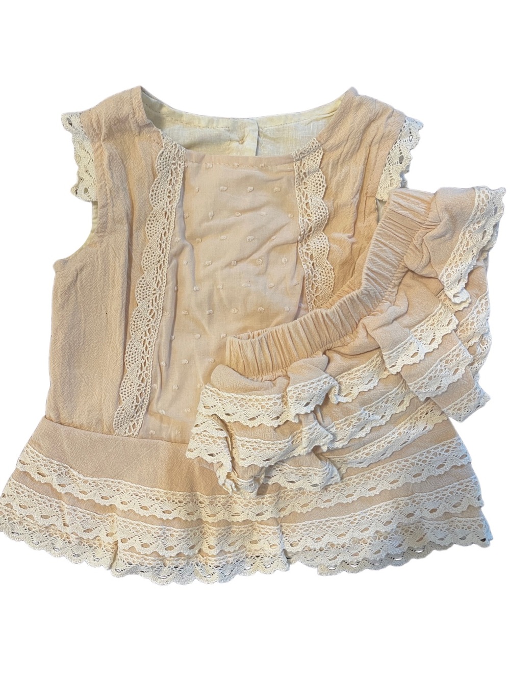 Girls Lace Trim Peplum Top and Ruffle Shorts Set - Beige